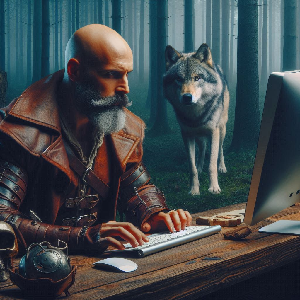 A rogue sitting at a desk in the middle of the woods.